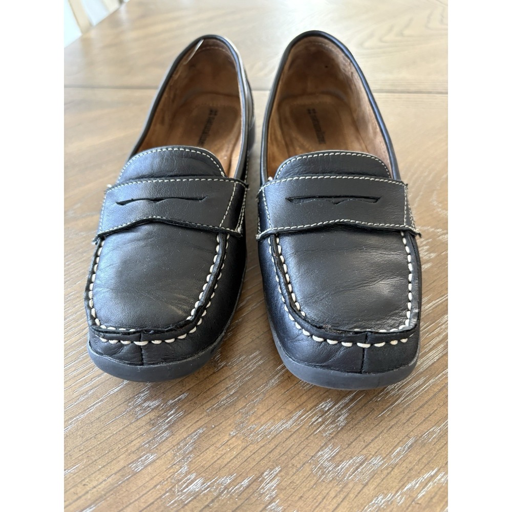 Naturalizer Carletta Black Leather Penny Loafers White Contrast Stitching‎ 7.5M